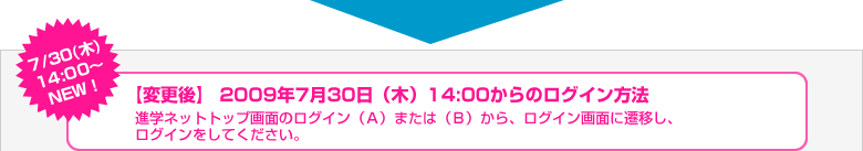 7/30（木）14:00～NEW！【変更後】2009年7月30日（木）14:00からのログイン方法 進学ネットトップ画面のログイン（Ａ）または（Ｂ）から、ログイン画面に遷移し、ログインをしてください。