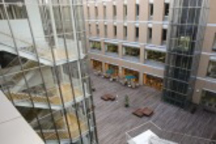 名城大学 経営学部のある天白キャンパスでは、おしゃれなウッドコートが学生の憩いの場になっています