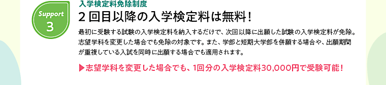 Support3：入学検定料免除制度　2 回目以降の入学検定料は無料！最初に受験する試験の入学検定料を納入するだけで、次回以降に出願した試験の入学検定料が免除。志望学科を変更した場合でも免除の対象です。また、学部と短期大学部を併願する場合や、出願期間が重複している入試を同時に出願する場合でも適用されます。