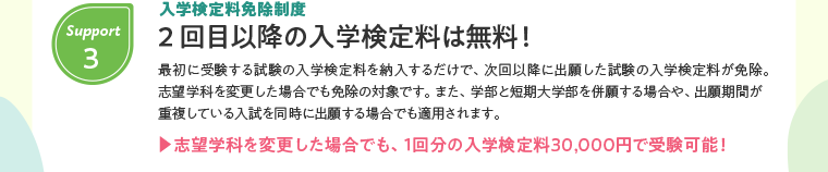 Support3：入学検定料免除制度　2 回目以降の入学検定料は無料！最初に受験する試験の入学検定料を納入するだけで、次回以降に出願した試験の入学検定料が免除。志望学科を変更した場合でも免除の対象です。また、学部と短期大学部を併願する場合や、出願期間が重複している入試を同時に出願する場合でも適用されます。