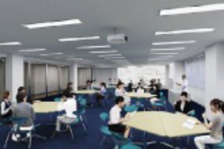 甲南大学 様々な学びの形態に対応できるサイエンス・ラーニング・コモンズ。友達同士で議論したり、先生に教わったりできる空間です。