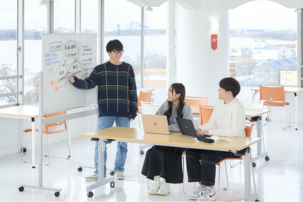 開志専門職大学 起業する力、企業内で新規事業をつくる力、会社の経営資源を活用してイノベーションを起こす力を身につける。