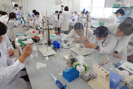 東海大学 野菜などのビタミンCの定量など食品化学、生命科学、生理・生化学に関する実験も行います。