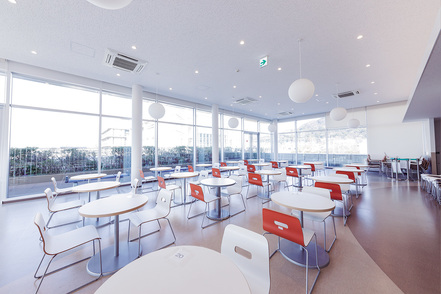 四條畷学園大学 開放的なラウンジは全面ガラス張りで光が溢れ、くつろげる快適な空間になっています