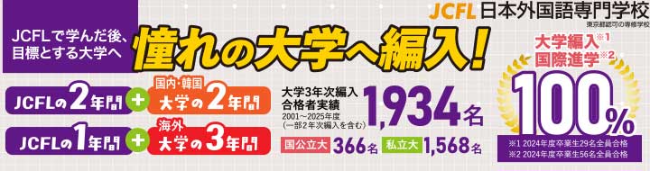 JCFL日本外国語専門学校　JCFLで学んだ後、目標とする大学へ　憧れの大学編集！大学3年次編入合格者実積　1934名（2001～2025年度　国公立大学合格者366名　私立大学合格者1568名）