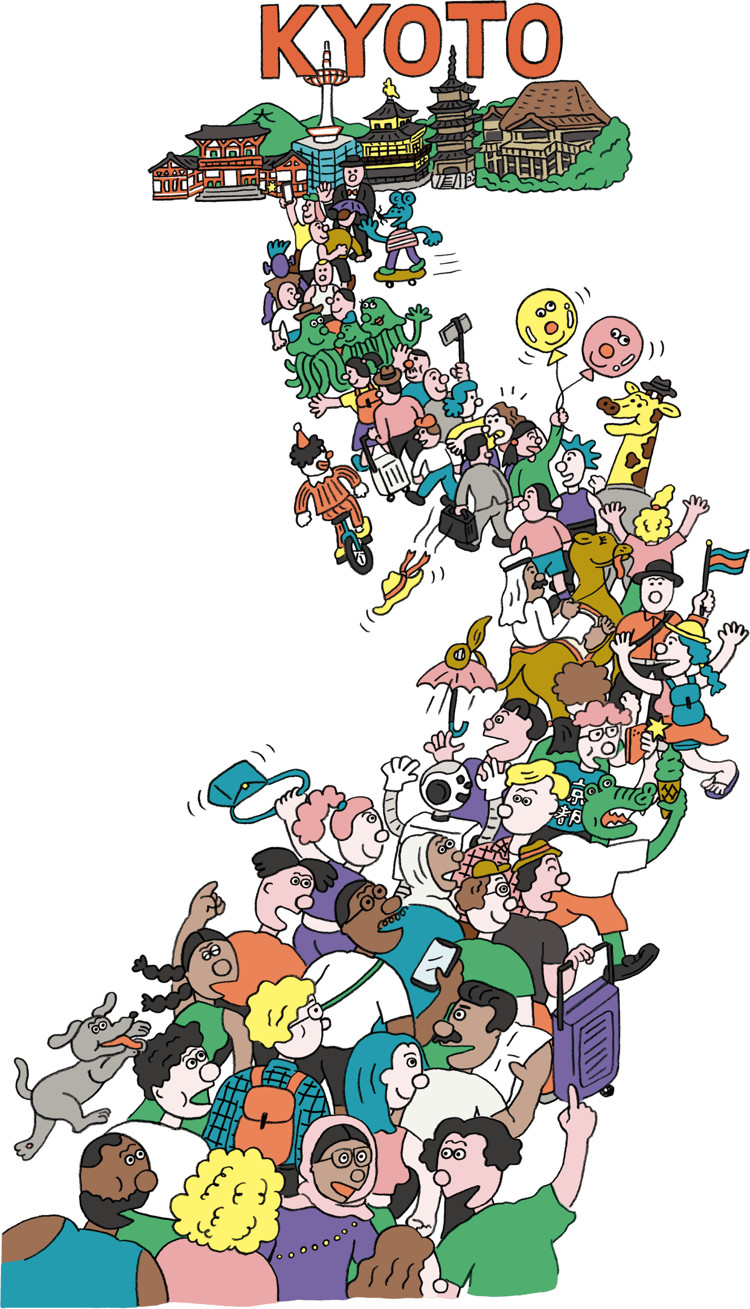 KYOTO 京都の街並みへ向かって行進する世界中の観光客のイラスト