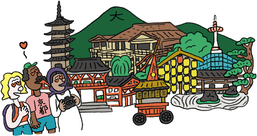 清水寺や五重塔、舞妓など京都の街と観光客のイラスト