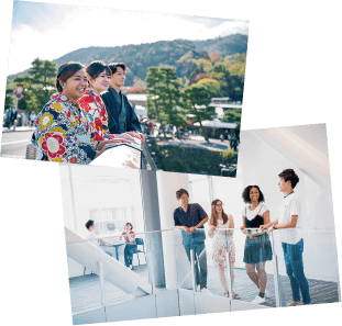 嵐山で着物姿の学生が景色を眺める写真と、校舎で談笑する学生たちのポラロイド風写真