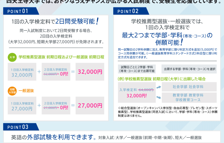 四天王寺大学では、おトクなうえチャンスが広がる入試制度で、受験生を応援しています。