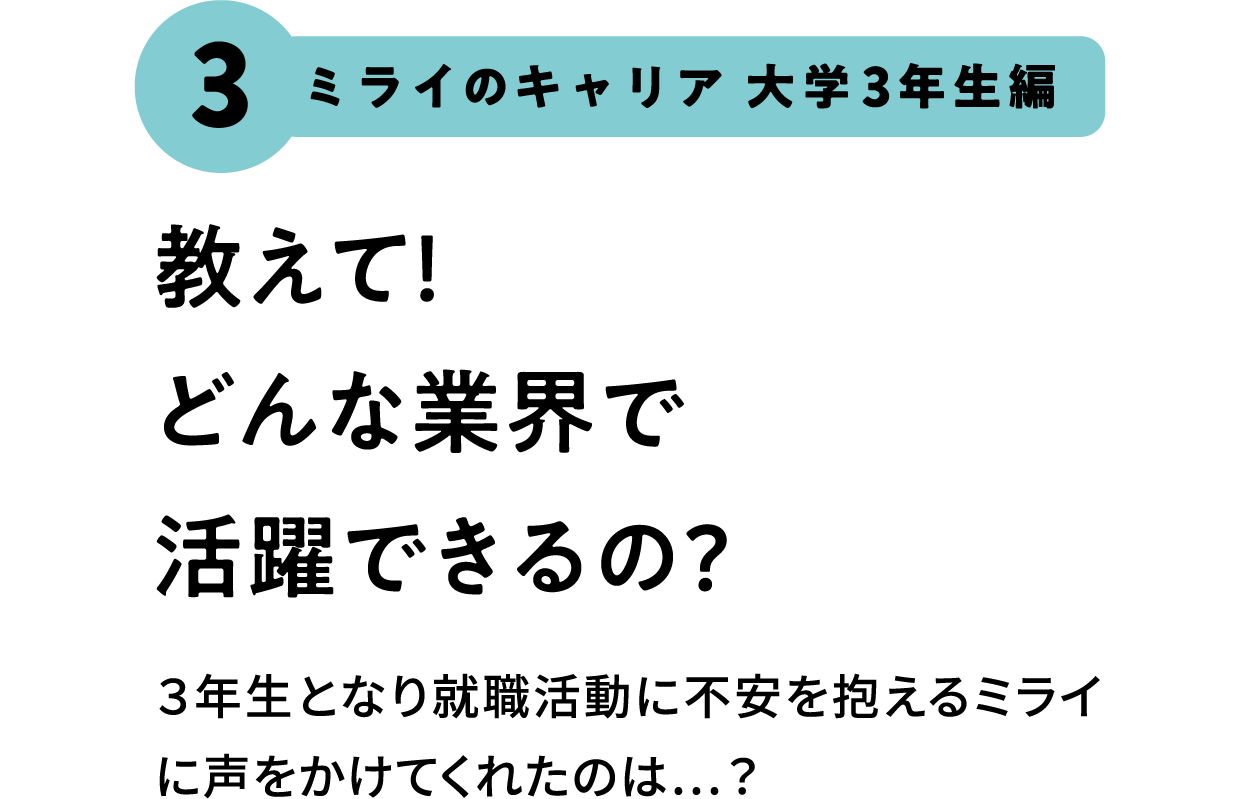 3.ミライのキャリア 大学3年生編 教えて!どんな業界で活躍できるの? ３年生となり就職活動に不安を抱えるミライに声をかけてくれたのは…？