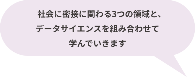 社会に密接に関わる3つの領域と、データサイエンスを組み合わせて学んでいきます