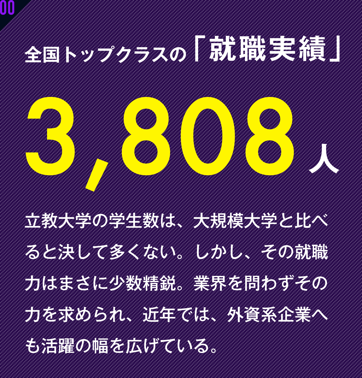 全国トップクラスの「就職実績」 3,808人 立教大学の学生数は、他の大規模大学に比べると一回りも少ない。しかし、その就職力はまさに少数精鋭。業界を問わすその力を求められ、近年は、外資企業へも活躍の幅を広げている。