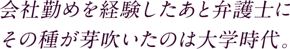 会社勤めを経験したあと弁護士にその種が芽吹いたのは大学時代。