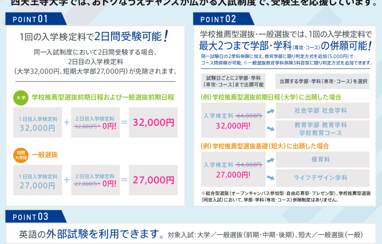 四天王寺大学では、おトクなうえチャンスが広がる入試制度で、受験生を応援しています。