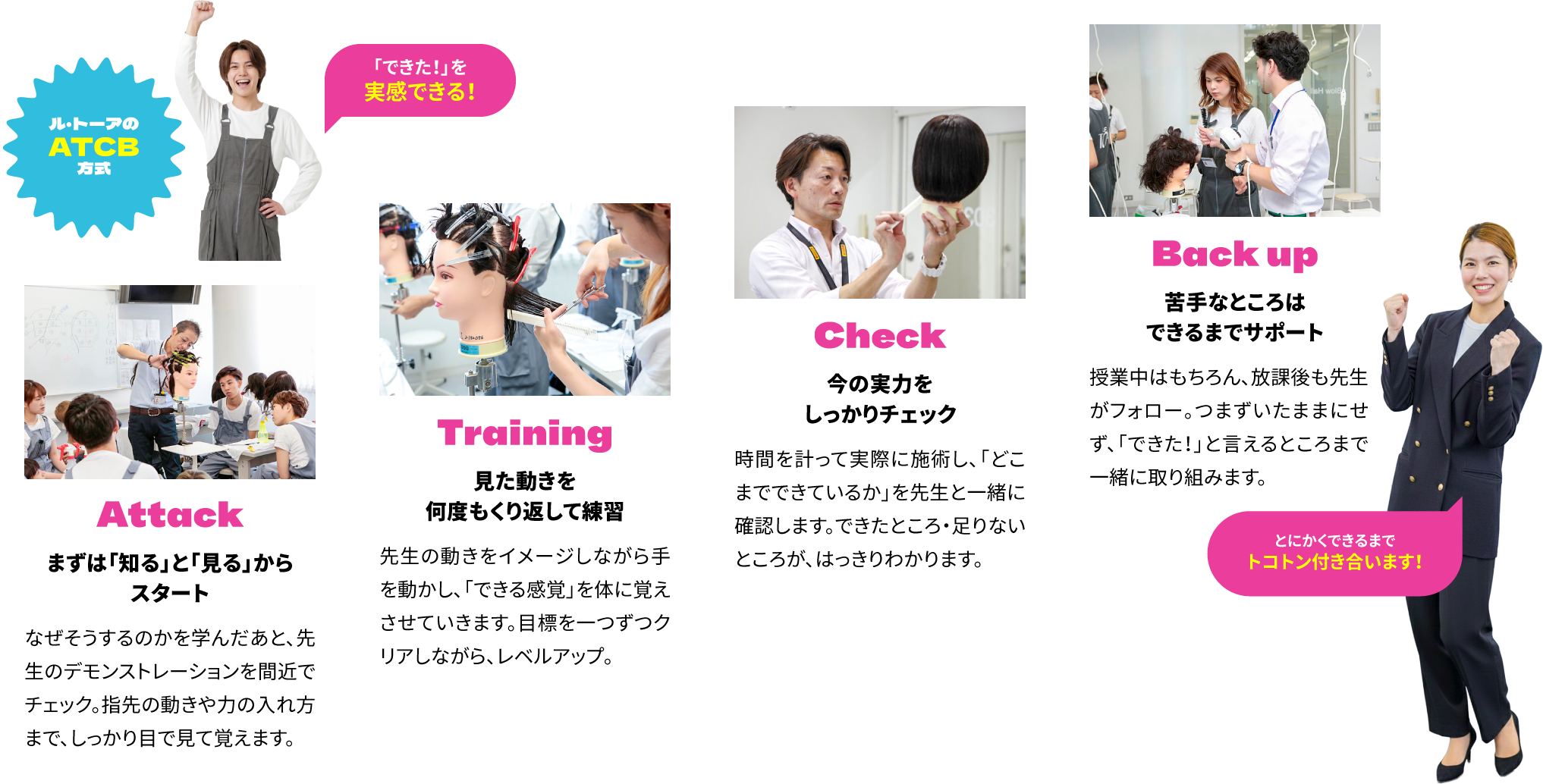「できた！」を実感できる！ Attack まずは「知る」と「見る」からスタート なぜそうするのかを学んだあと、先生のデモンストレーションを間近でチェック。指先の動きや力の入れ方まで、しっかり目で見て覚えます。Training 見た動きを何度もくり返して練習 先生の動きをイメージしながら手を動かし、「できる感覚」を体に覚えさせていきます。目標を一つずつクリアしながら、レベルアップ。 Check 今の実力をしっかりチェック 時間を計って実際に施術し、「どこまでできているか」を先生と一緒に確認します。できたところ・足りないところが、はっきりわかります。 Back up 苦手なところはできるまでサポート 授業中はもちろん、放課後も先生がフォロー。つまずいたままにせず、「できた！」と言えるところまで一緒に取り組みます。 とにかくできるまでトコトン付き合います！