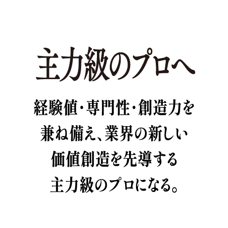 主力級のプロへ - 経験値・専門性・創造力を兼ね備え、業界の新しい価値創造を先導する主力級のプロになる。